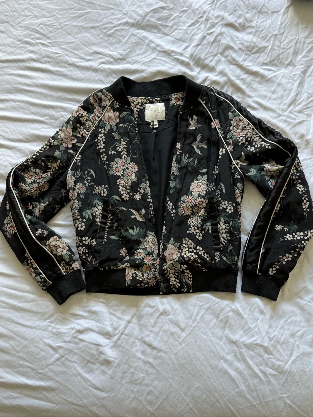 Joie Black Floral Satin Bomber Jacket